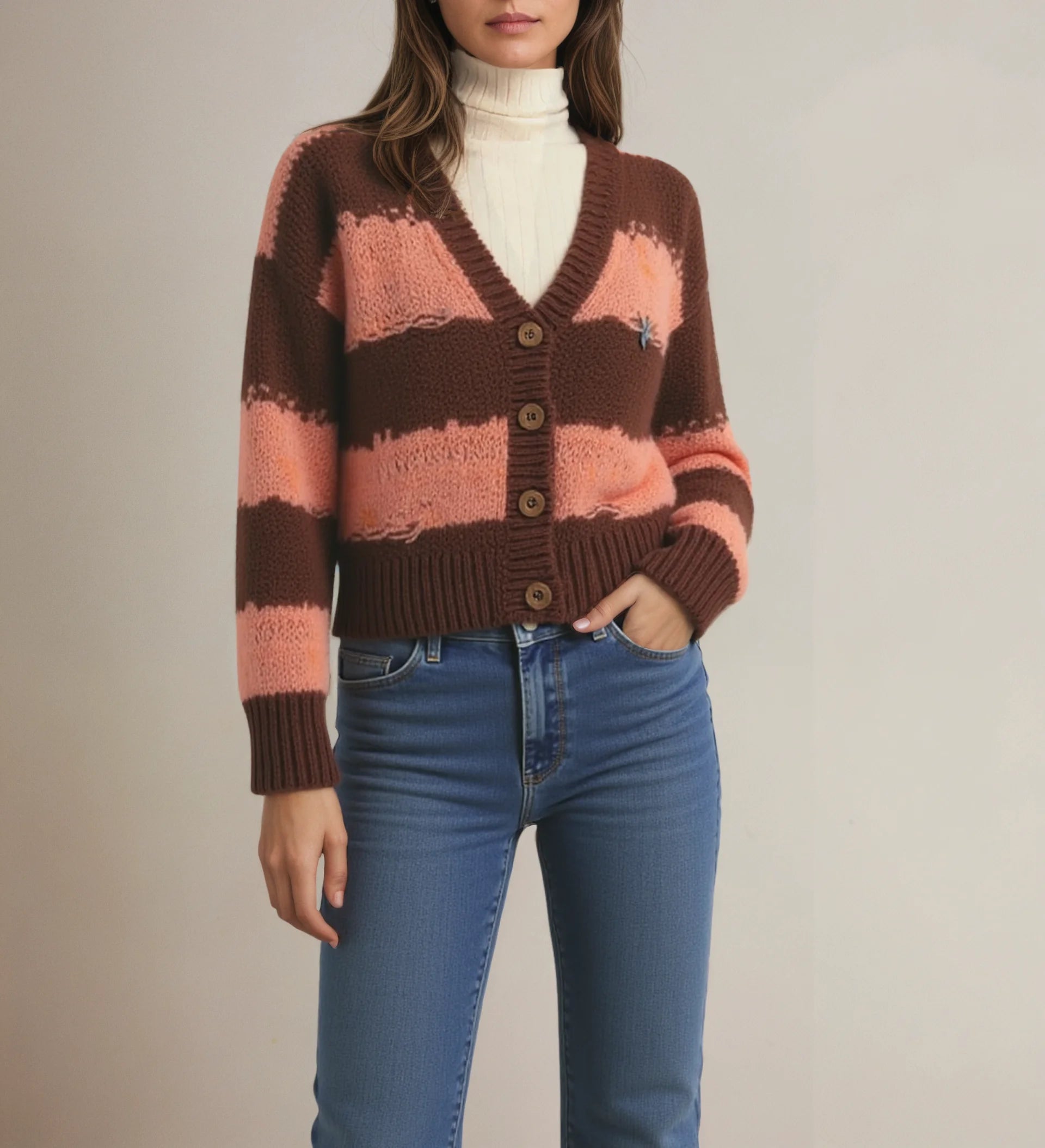 Cost Sale Long Winter Korean Autumn Button Front Knitted Flat Knitted Technique Striped Maillard Design Women's Cardigan