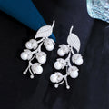Glamorous Leaf Shape Cubic Zirconia Paved Cluster Pearl Long Dangle Wedding Engagement Evening Party Earrings for Women