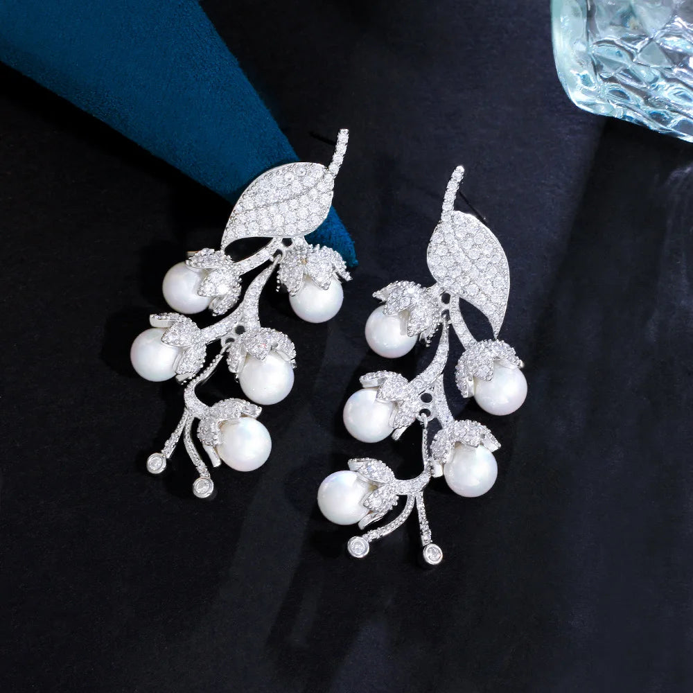 Glamorous Leaf Shape Cubic Zirconia Paved Cluster Pearl Long Dangle Wedding Engagement Evening Party Earrings for Women