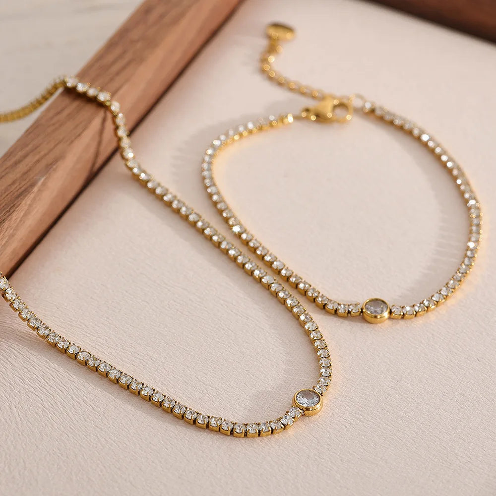 Bling Bling Tennis Chain 18K Gold Plated Stainless Steel Zircon Necklace Bracelet Set Women Men Wedding Engagement Party