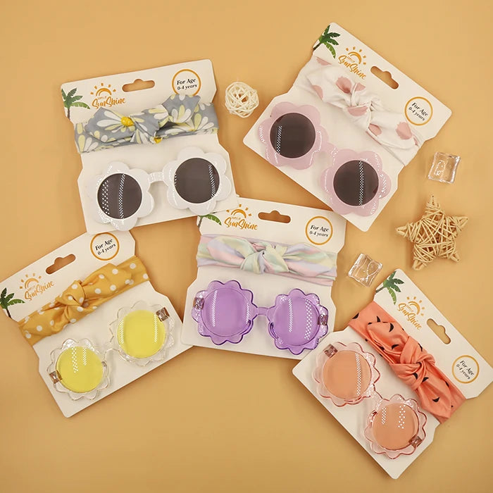Print Fabric Baby Toddle Hairbands Headband With Flower Round Sunglasses Bow Tie Headwraps Hair Accessories for Girls Kids
