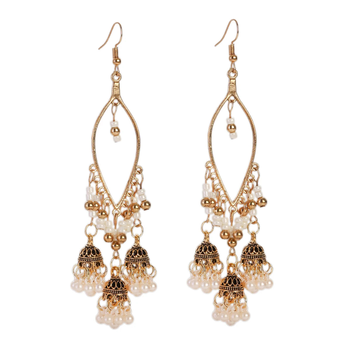 Boho Gold Color Heart Shape Carved Flower Dangle Earrings for Women Indian Jhumka Earrings Retro Pink Beads Tassel Jewelry
