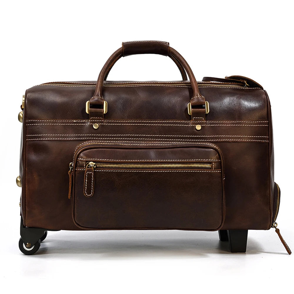 2023 Vintage Large Capacity Crazy-horse Leather Waterproof Weekender Zipper Travel Duffel Bag Wheel Strong Durable Outdoor Gym