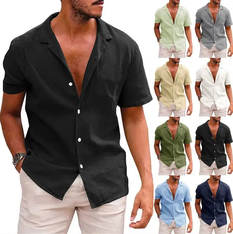 Custom Wholesale New Summer Solid Color Tops Fashion Classis Cotton Linen Short Sleeve Mens Casual Men Shirt