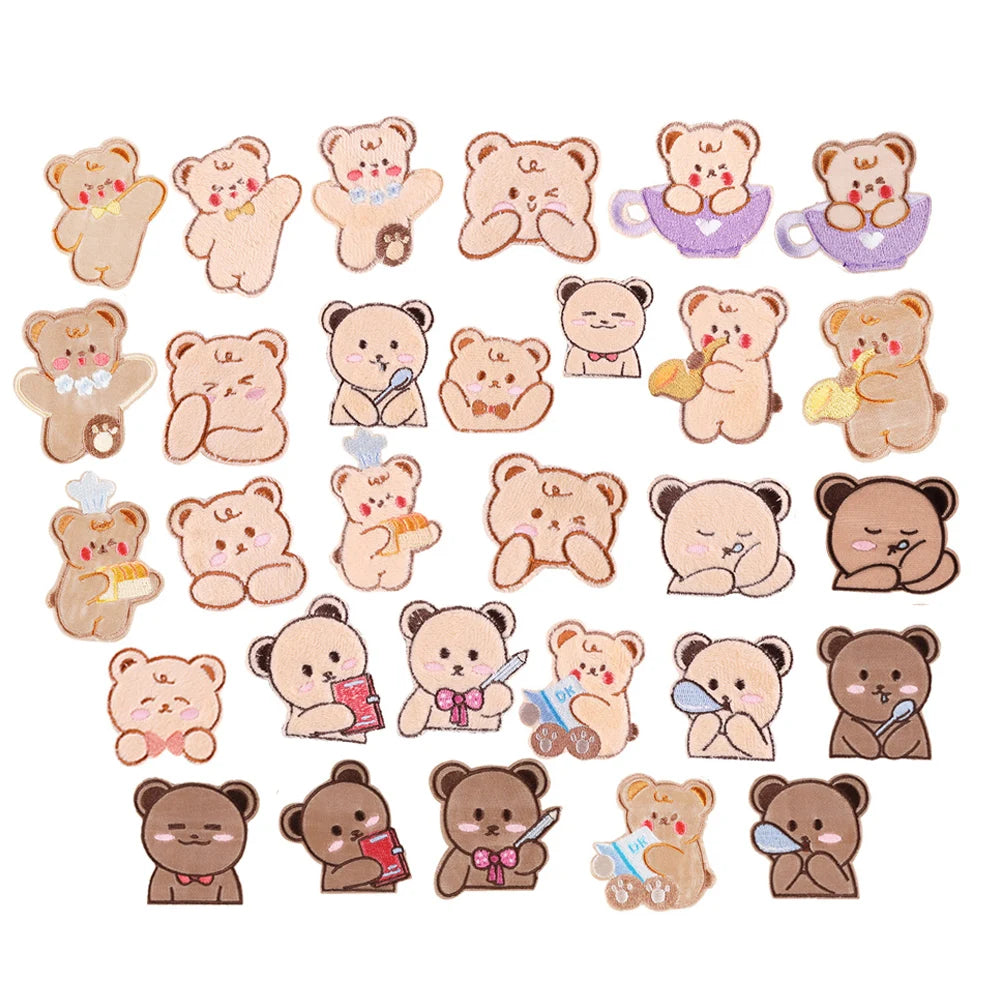 Hot Sale Plush Satin Fabric Material Cute Cartoon Machine Stitch Embroidery Self-adhesive Bear Patches Stickers for Bag Hat