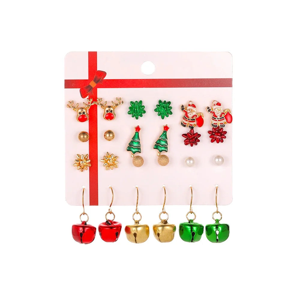 Trendy Santa Claus Dripping Earrings Christmas Tree Bells Stud Earrings 12-pair Card Christmas Earrings Set for Women
