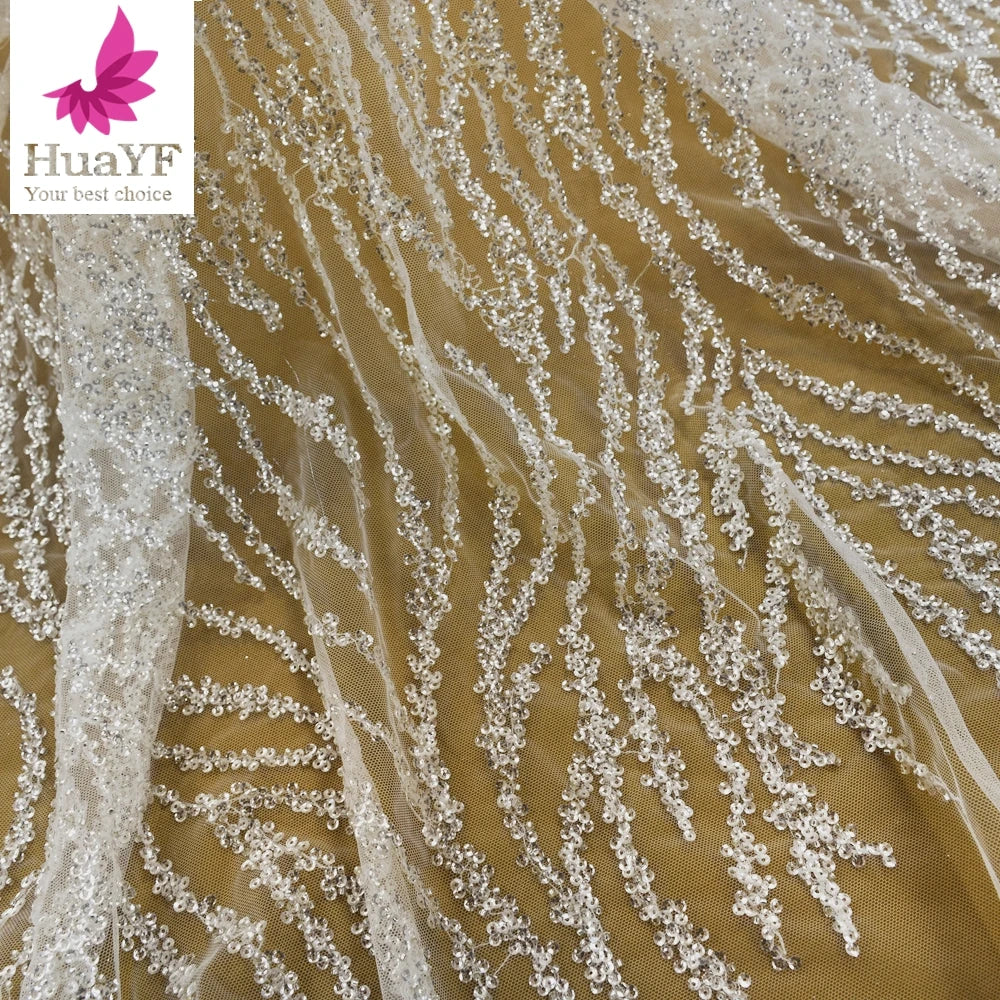 HY1497-3 White Sequins Beaded Lace Fabric Wedding Embroidery Laces