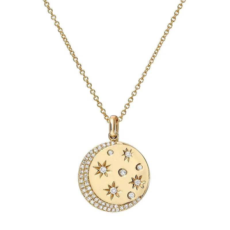 Milskye 18k Gold Plated Custom Jewelry S925 Pave Diamond starburst Crescent Pendant Necklace