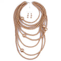 ROMANTIC Wedding Women Gold Classic Handmade Seven Strand Layered Bead Necklaces Long Pearl Jewelry Set