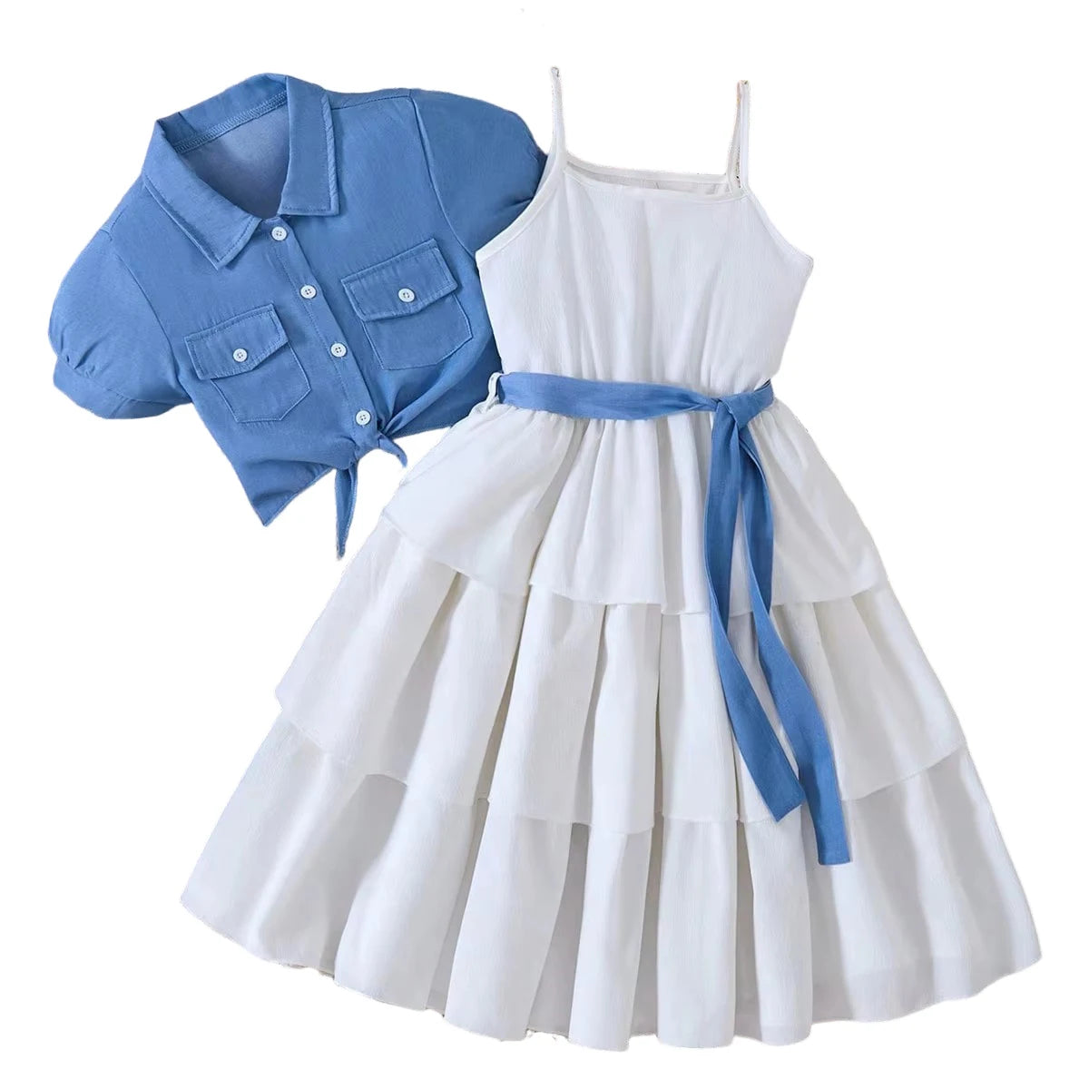 Summer Children's Clothing Set Girl's Short Sleeve Jacket and Sling Cake Skirt Two-Piece Suit-Wholesale