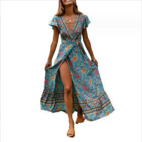 2023 New Women's European and American Waist V-neck Sexy Slimming Dress