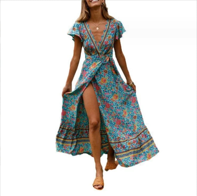 2023 New Women's European and American Waist V-neck Sexy Slimming Dress
