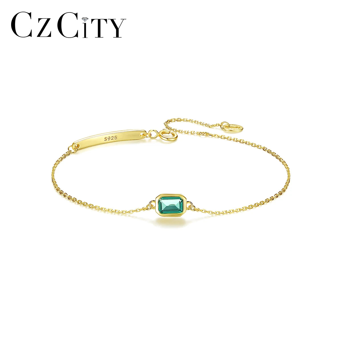 CZCITY Emerald Green 14K Gold Plated Chain Link 925 Silver Gemstone Crystal Adjustable Charm Bracelet