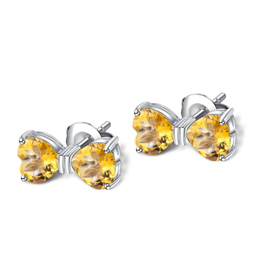 Abiding Stud Earrings Natural Citrine Gemstone 925 Sterling Silver Bow-Knot Heart Earring for Lover Jewelry Gift