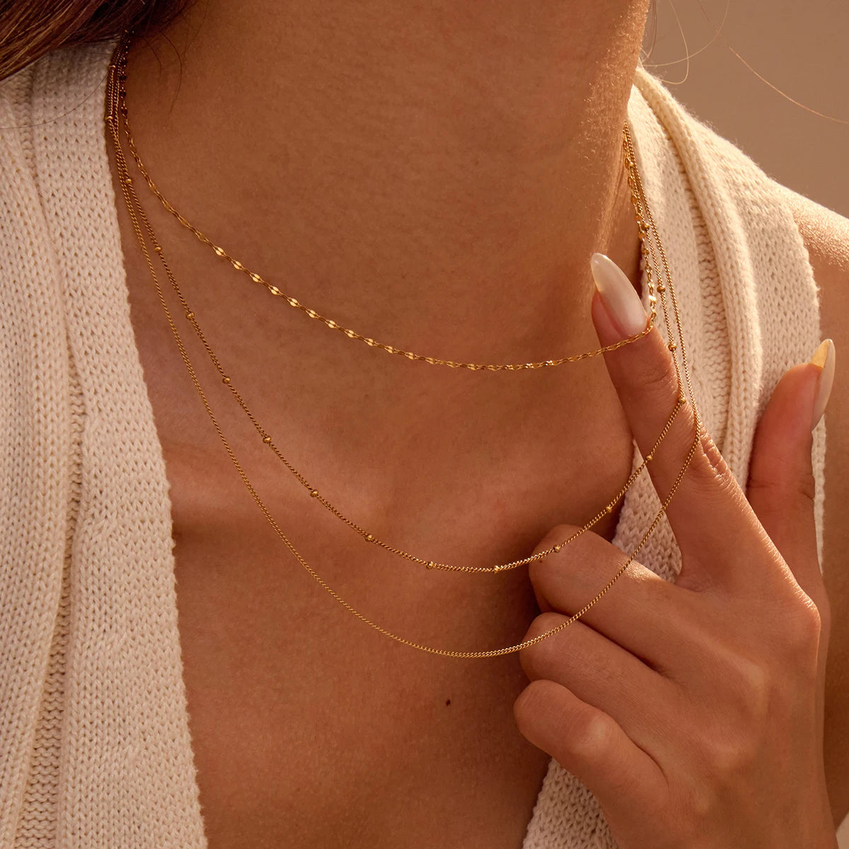 Fashion Layered Statement Thin Chain Necklace for Women 18k Gold Plated Pvd Layered Stainless Steel Necklace Chain Waterproof