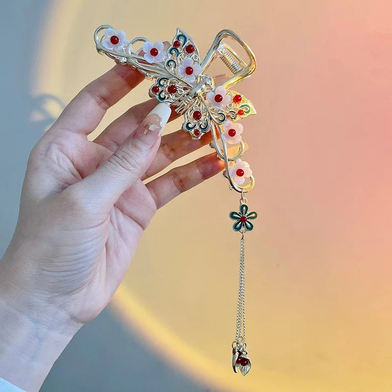 New Arrival Micro Set Crystal Zircon Heart Leaf Flower Hair Claw Ethnic Elegant Chain Pearl Bead Tassels Claw Clips High Quality
