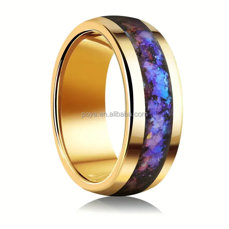 POYA Unisex Vintage 8mm Gold Blue Purple Galaxy Sandstone Inlay Tungsten Carbide Wedding Band Classic Christian Gift Jewelry