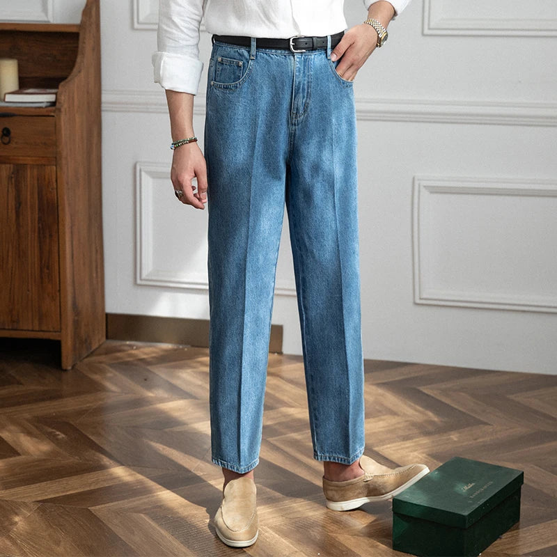 Denim Men's Pants Straight Versatile for All Seasons Comfortable Washed Cotton Casual Jeans