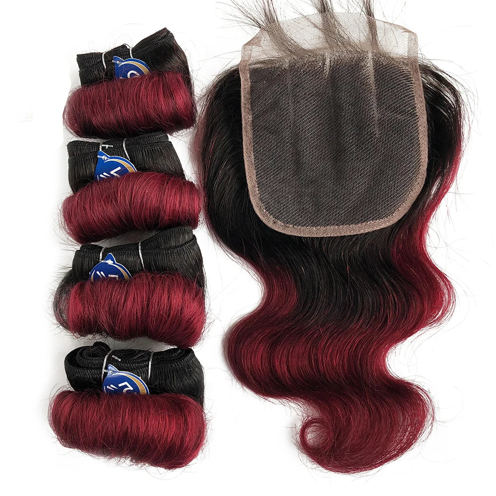Wholesale Ombre Two Tone Color Short Length  Vendor Afro-B Body Wave Virgin Hair Bundle With Lace Closure
