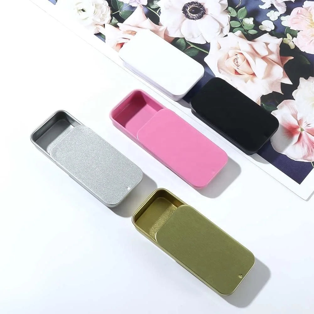 Portable Pink Black Silver White Gold Colored Mini Rectangular Pill Cosmetic Case Push Pull Small Tin Slide Top Metal Tin Box