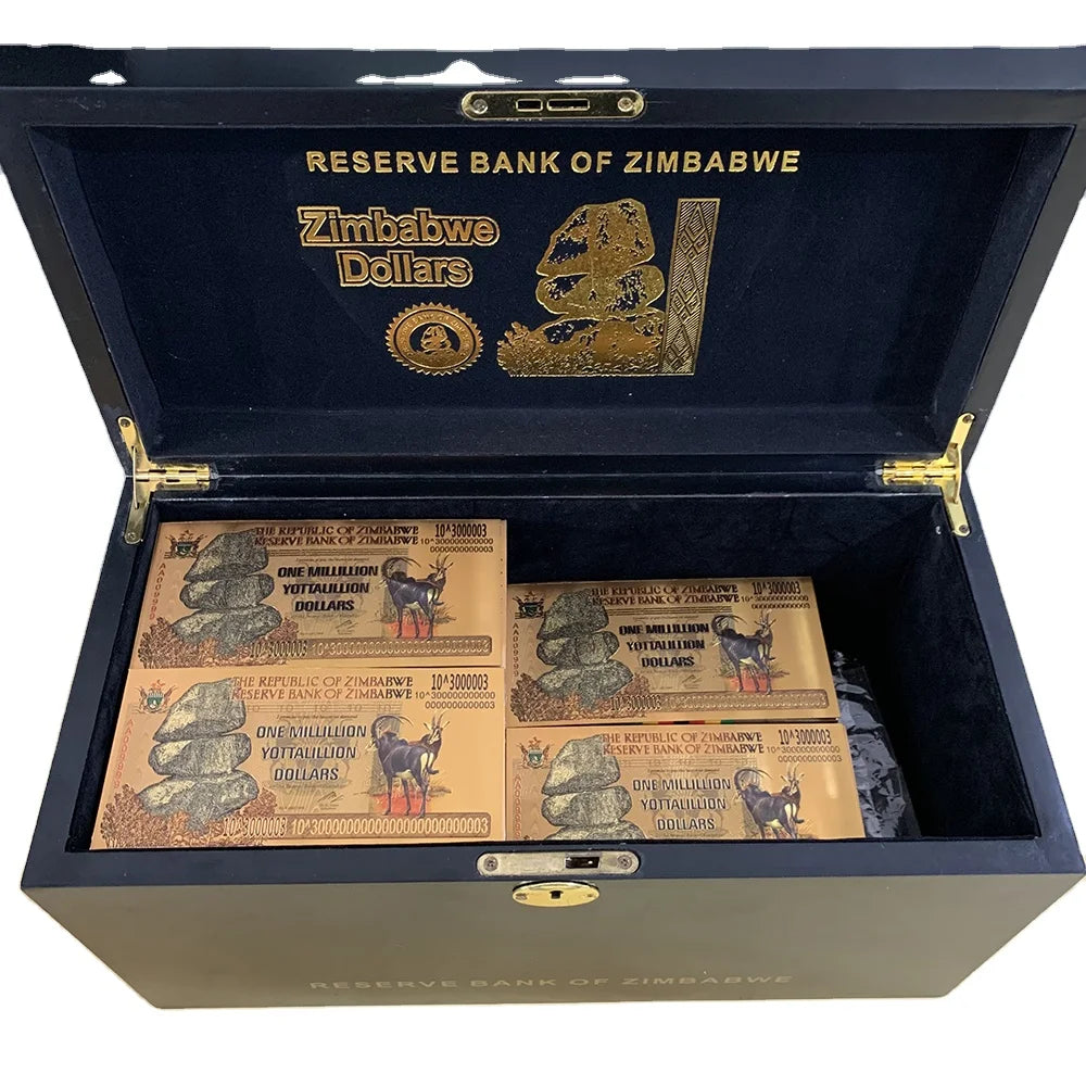 1000 Pcs/box Zimbabwe Banknote Gold Foil Banknote with 100pcs COA in Wooden Box