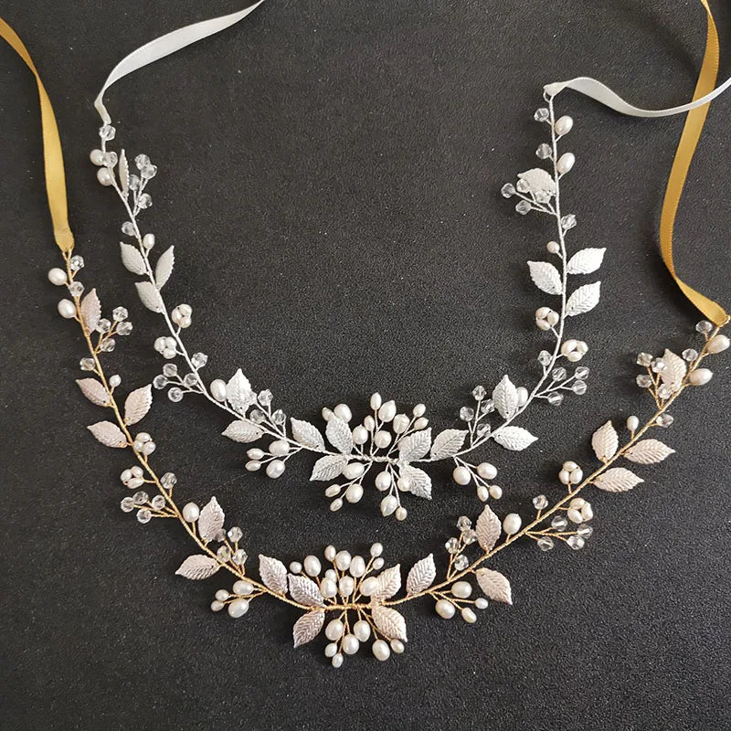 SLBRIDAL Handmade 3 Colors Alloy Leaf Freshwater Pearls Bridal Hair Accessories Wedding Headband Hair Vine Women Jewelry