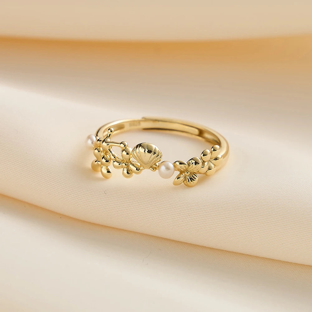 RINNTIN GPR24 New Design Luxury  Freshwater Pearl Ring Exquisite Shell Flower Ring for Girls 14k Gold Plated Adjustable Ring
