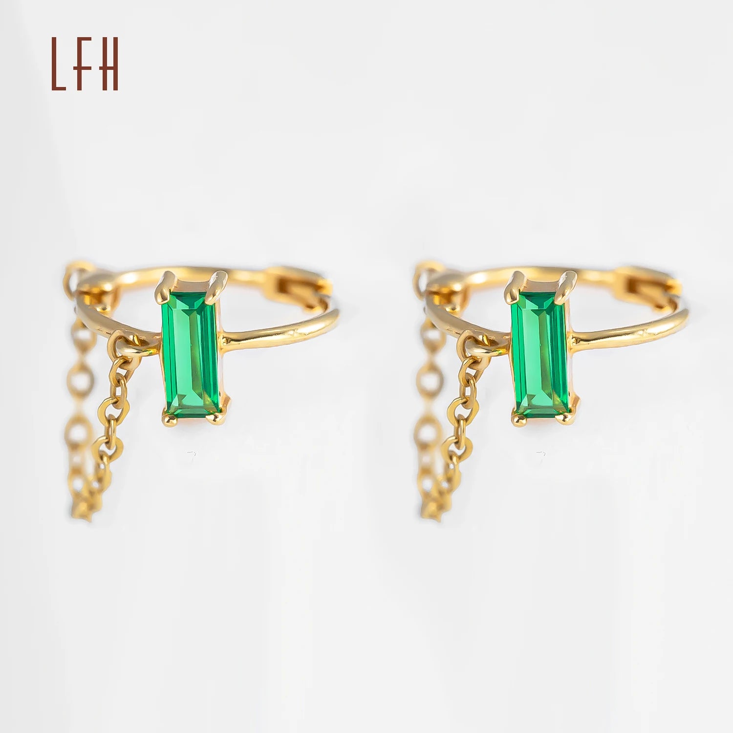 Square Green Cubic ZIrcon Chain Earrings 18k Real Gold Hanging Chain Earrings 18k Pure Gold Zircon Stud Earrings Women