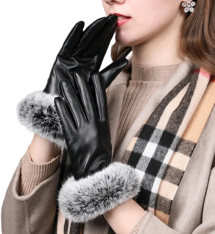Winter Cheapest Fur Black Warm Biker Driving Ladies Fashion Glove Women Leather Gloves