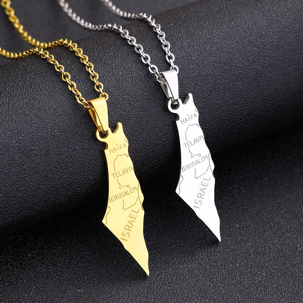 Manufacturer Stainless Steel Enameled Israel Chain Necklace 18K Gold Plated Enamel Israel National Flag Map Pendant Necklace