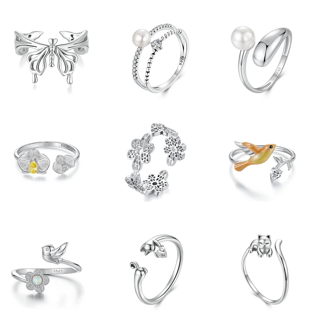 925 Sterling Silver Flower Bird Open Ring for Women Cute Animal Jewelry Gift Fashion Birthday Graduation Gift