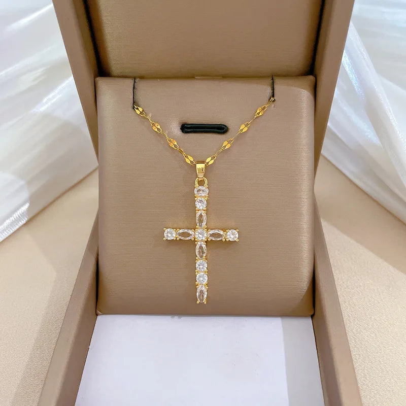 Fashion Shining Gold Plating Stainless Steel Crystal Diamond Cross Pendant Necklace for Women Girls Engagement Jewelry