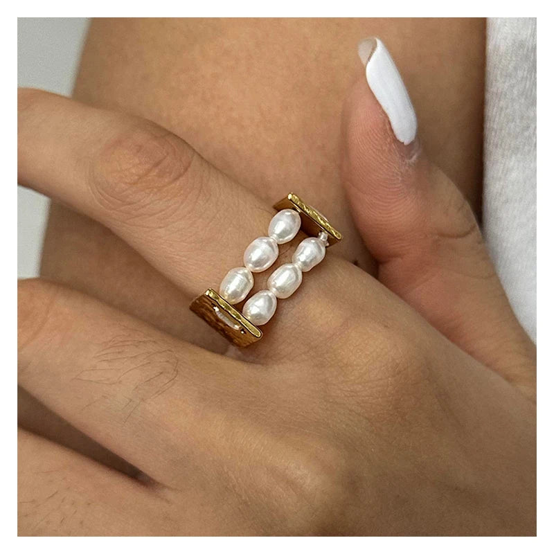 MICCI Most Popular Stainless Steel Non Tarnish Jewelry Vintage Pearl Engagement U Shape Rings for Girls