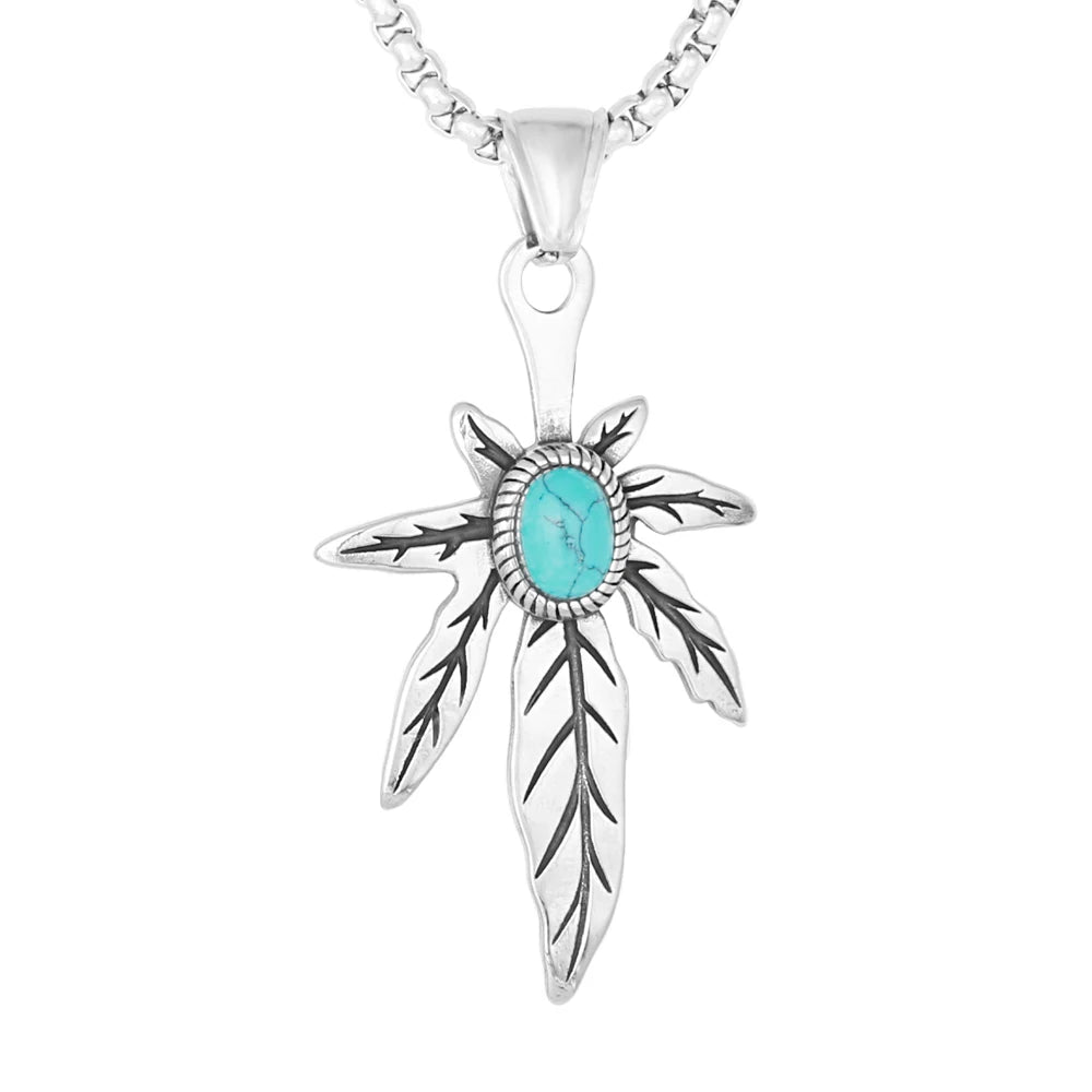 New Arrival Tarnish Free Jewelry Stainless Steel Leaf Turquoise Pendant Necklace with 3D Effect