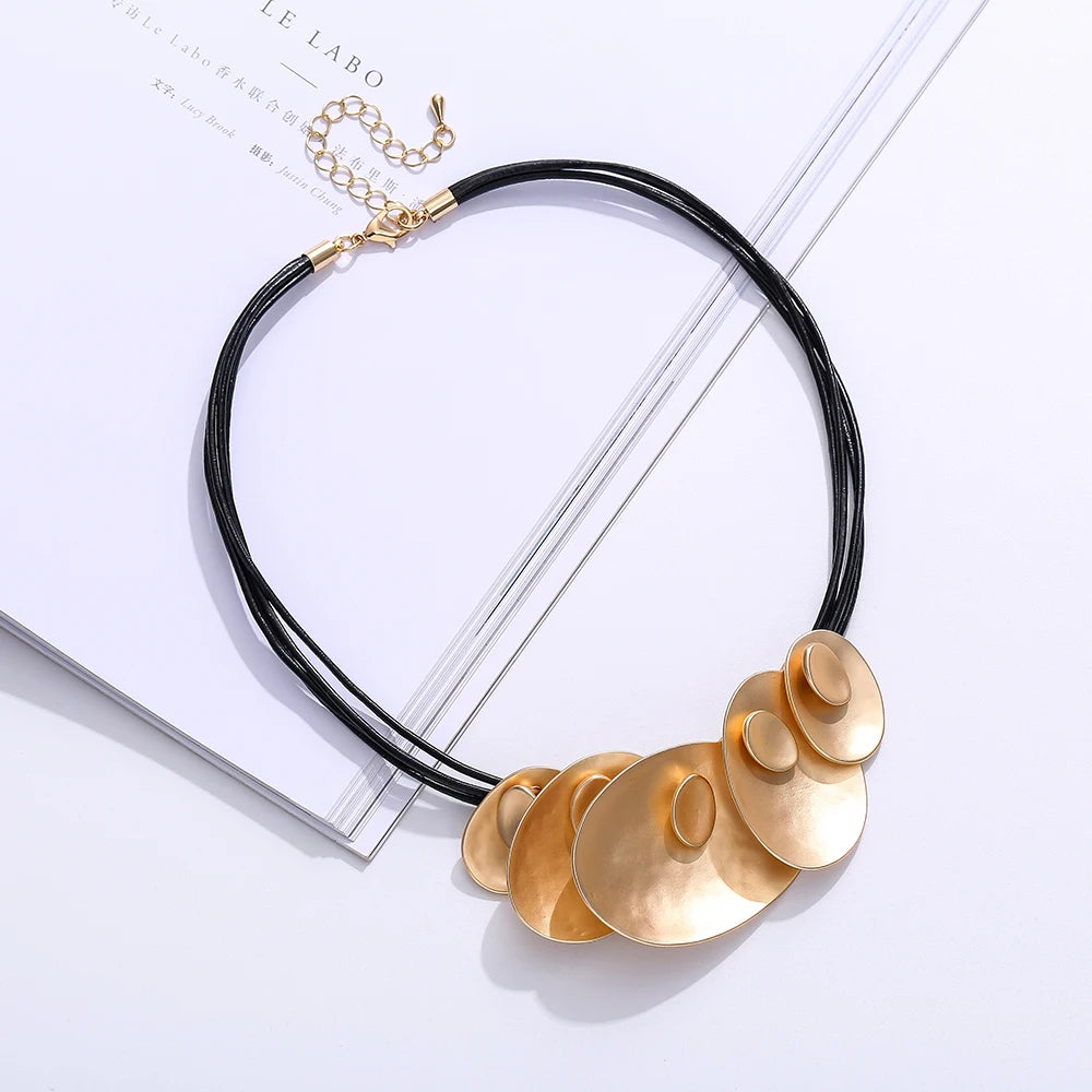 TongLing European Vintage Black Rope Strand String Necklace Irregular Geometric Round Choker Necklace for Daily Life