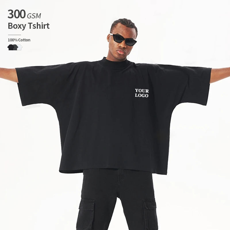 Boxy Fit 300 GSM 100% Cotton Seamless Custom Logo Small Neckline Oversize Cropped Boxy T Shirt Men