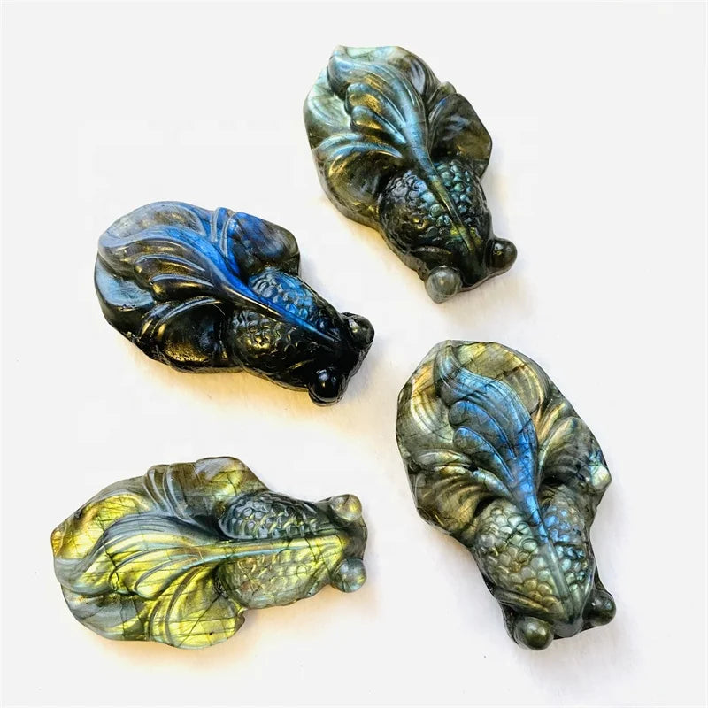Healing Crystal Gemstone Decoration Wholesale Hand Carved Carvings Natural Crystal Quartz Labradorite Golden Fish for Healing