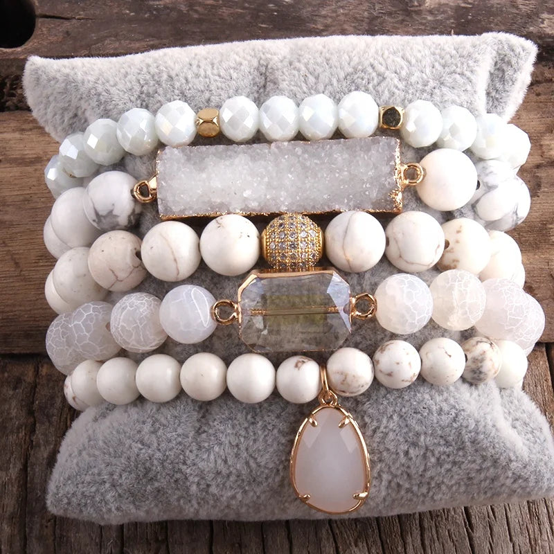 Women New Designer 5pcs Stretch Beautiful Crystal Glass Beads Bracelet Natural Gemstone Elastic Druzy Stack Bracelets Set