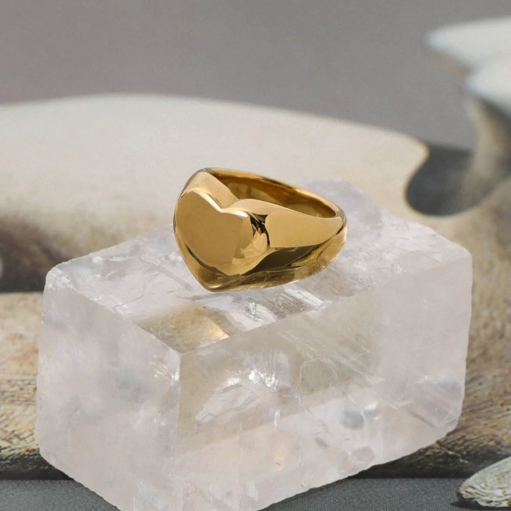 Custom Stainless Steel Jewelry Fashion Women Chunky Thick 18K Gold Plated Blank Signet Heart Rings