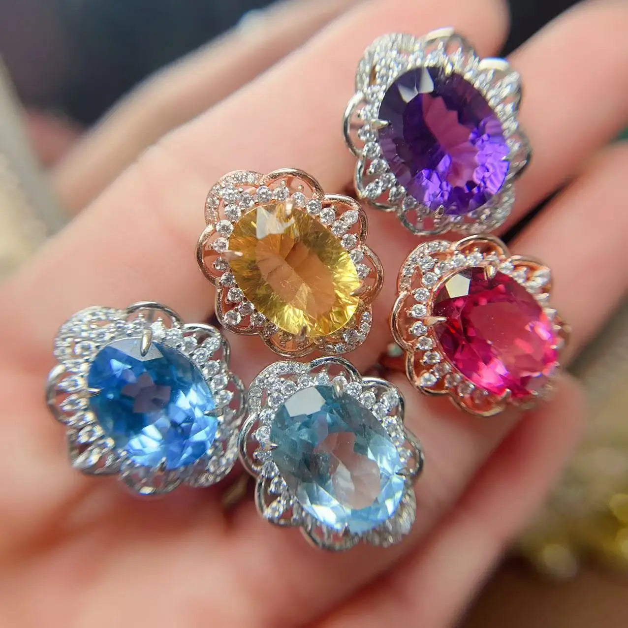 Good Price 925 Sterling Silver Classic Oval Cut Natural Gemstone Women's Wedding & Party Fashion Ring Sets Wholesale