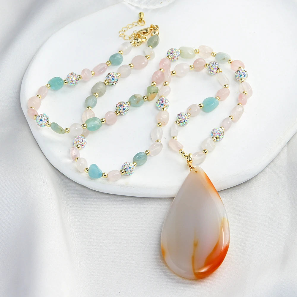 New Fashion Beautiful Elegant Irregular Morganite Rhinestone Hematite Beads Short Necklace Agate Drop Pendant Necklace