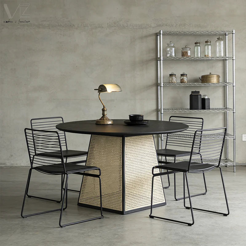 European Design Simple Design Luxury Woven Rattan Round Wooden Top Dining Table for Dinning Room