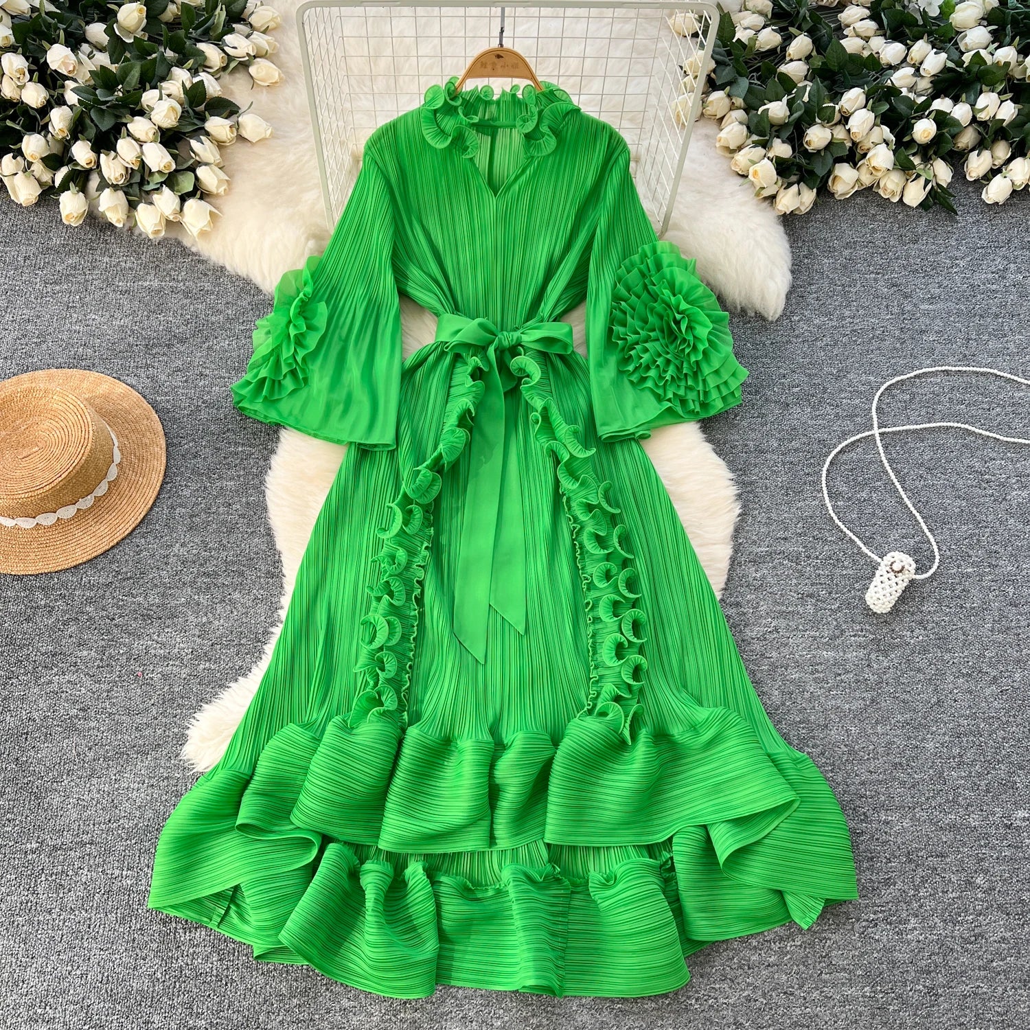 Plus Size Dress LW1209 Elegant Dress With 3d Floral Detail Tie-Waist Ruffled Hem and Pleated Long Skirt Large Size Dress