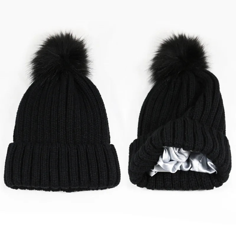 HZM-19275 Womens Winter Satin Lined Pom Hats Knitted Beanies With Detachable Pom Girls Winter Stretchy Warm Hat
