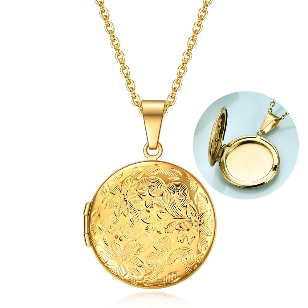 Openable Locket Pendant Frame Necklace Women Stylish Toggle Clasp Open Circle Stainless Steel Necklaces With Flower Design