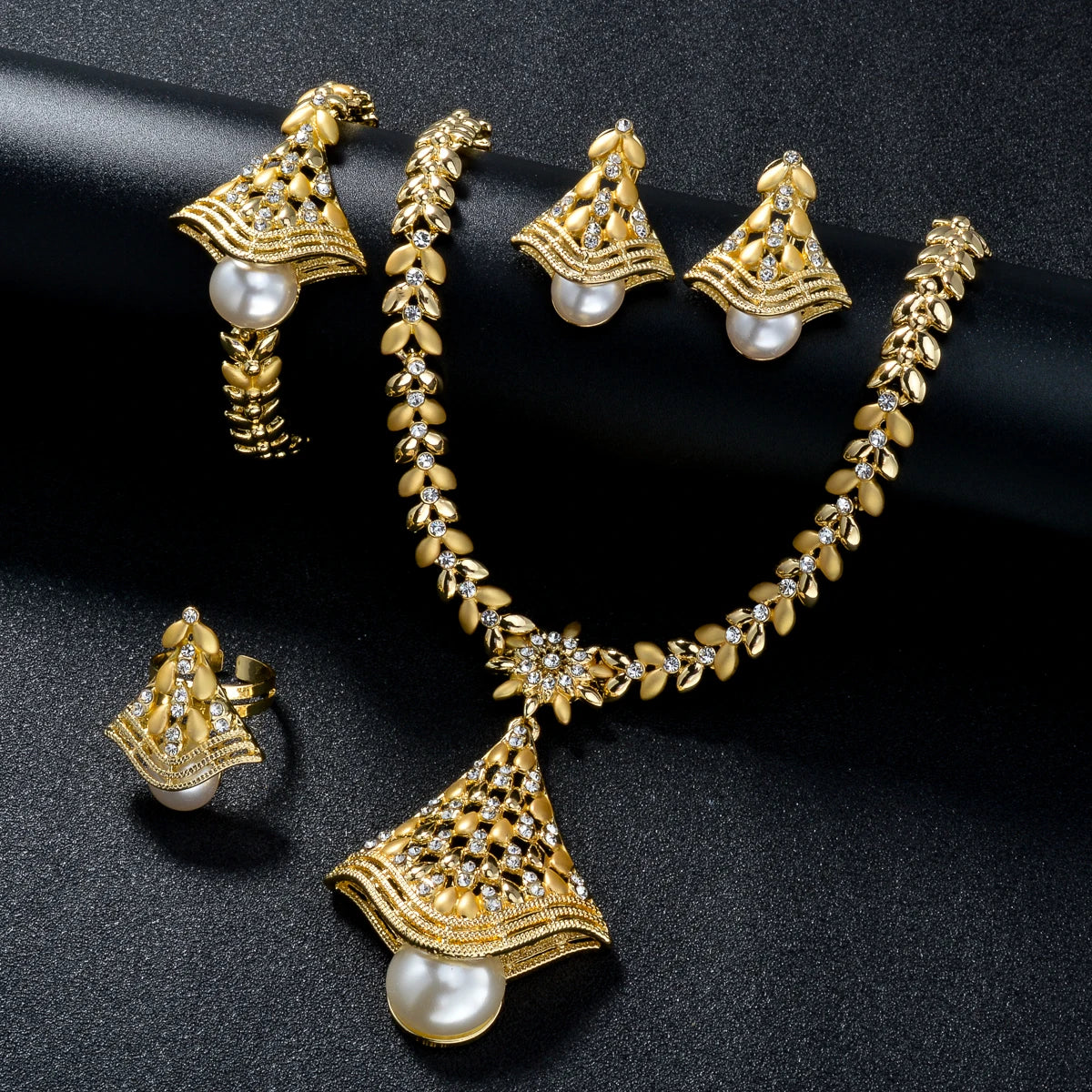 Plated Wedding Jewelry Sets Gold Fashion Luxury Indian Brass Vintage Opp Bag Women's Flower Zircon Copper Bridal Jewelry Set