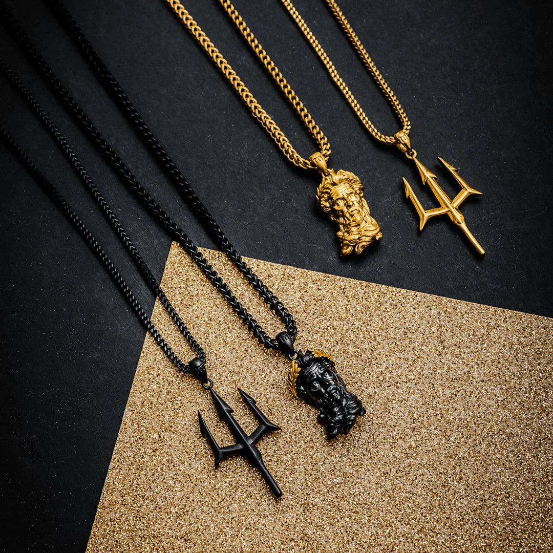 18K Gold Plated Stainless Steel Trident Pendant Necklace for Men Non-Tarnish Waterproof Geometric God Sea Design Link Parties