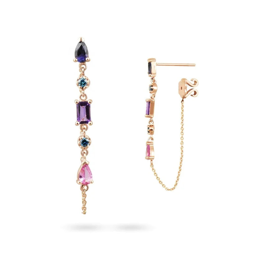 LOZRUNVE Unique 925 Sterling Silver Gold Pave CZ Chain Dangle Gemstone Earrings