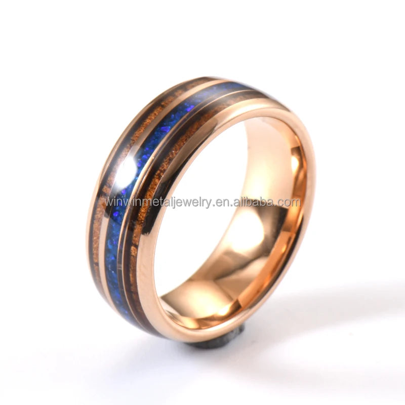 Unisex 8mm Rose Gold Plated Tungsten Carbide Ring with Koa Wood Blue Opal Inlay Trendy Wedding Band for Men Women