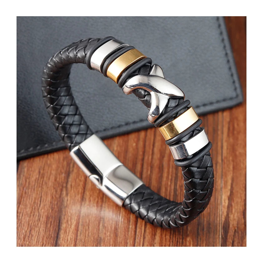 Charm Fashion Polished Stainless Steel Magnetic Clasp Cross Handmade Braided Genuine Leather Bracelets for Men Jewelry